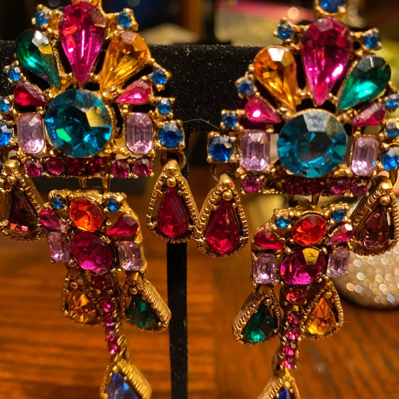 THELMA DEUTSCH EARRINGS: Multi colored teardrop colored stone Dangle in old gold - Picture 1 of 5